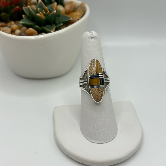 Jewelry - Southwest Sterling Silver Multicolor Inlay Elongated Oval Ring